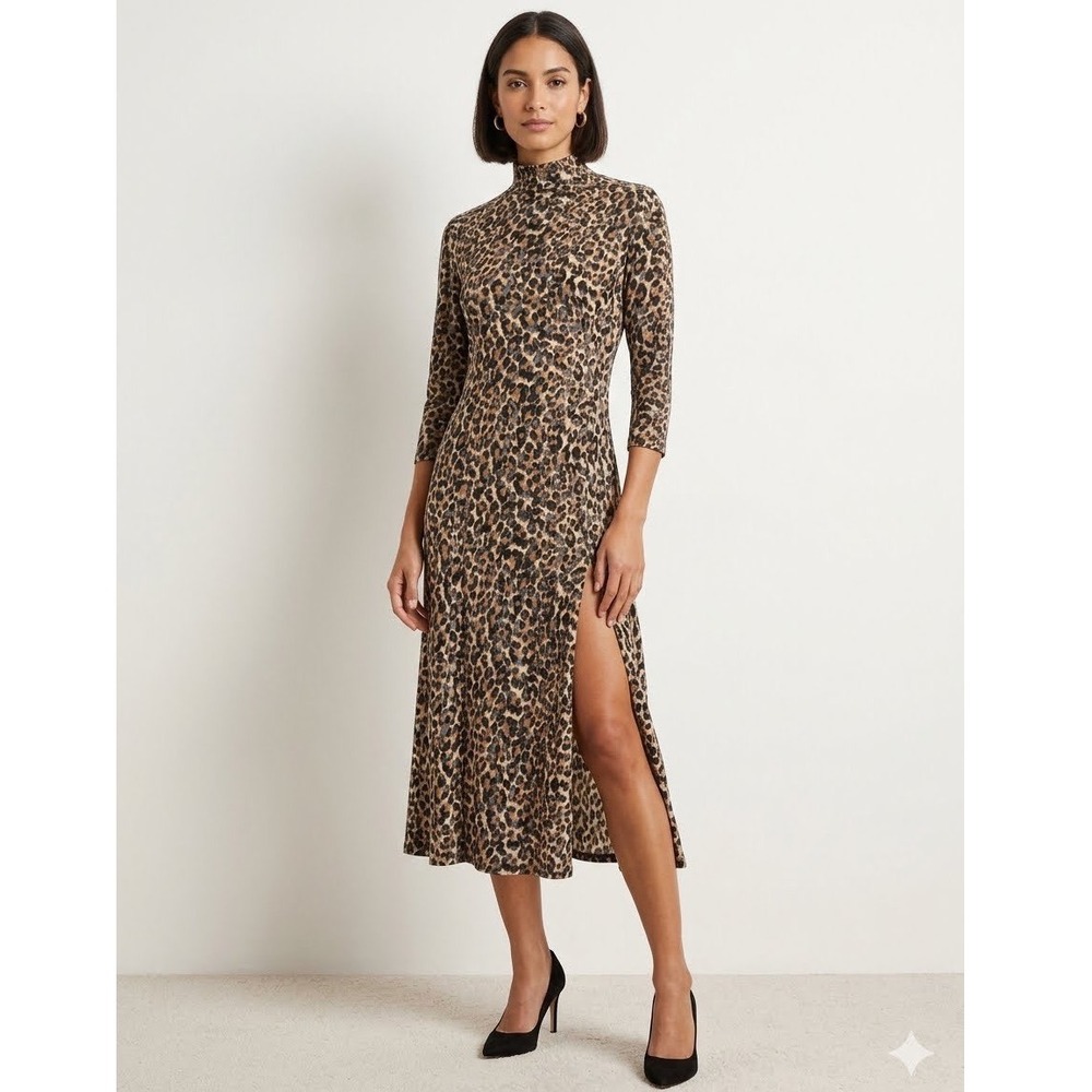 Quum Leopard Print Mock Neck Midi Dress 3/4 Sleeve Side Slit Animal Print XL